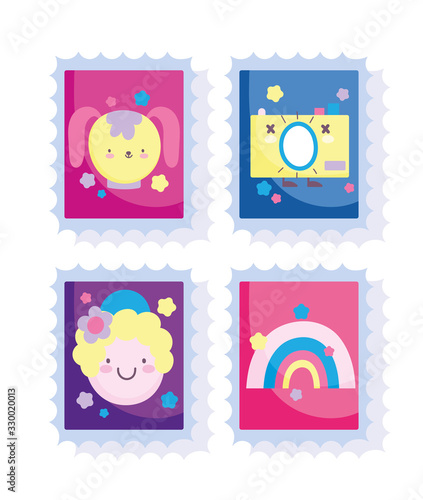cute stamps, cartoon boy dog camera and rainbow decoration icons