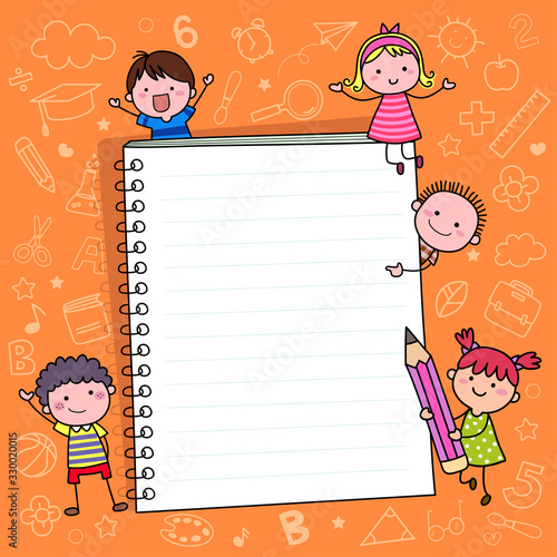 Back to school background template with notebook and kids. Hand drawn school items and cartoon children.