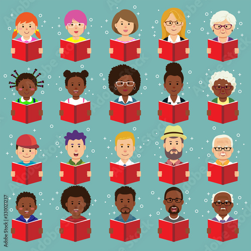 Set of human faces, avatars, people heads different nationality and ages in flat style reading books on a green background.