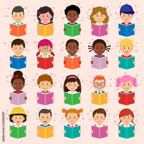 Set of kids faces, avatars, children heads different nationality in flat style reading books on pink background.