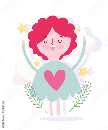 cute little girl with heart in dress stars leaves decoration cartoon