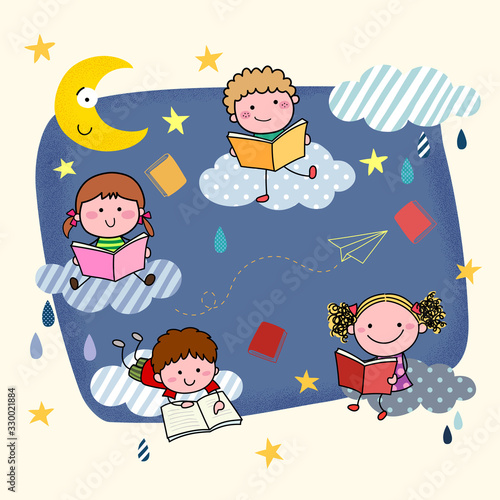 Vector illustration of hand-drawn cartoon kids reading books on the clouds at night.