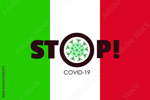 Vector banner of coronavirus outbreak in Italy. Quarantine in Italy. Stop coronavirus concepts.Italian national flag and warning. Epidemic alert. Covid-19, 2019-nCoV. Molecule of coronavirus. 