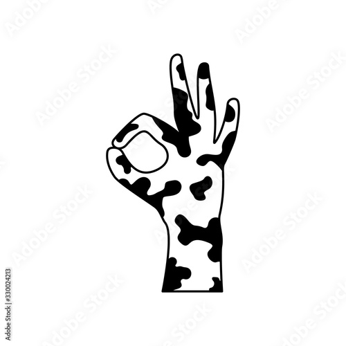 Vitiligo hand with OK sign. Linear icon of skin disease. Black simple illustration of body positive theme. Contour isolated vector image on white background