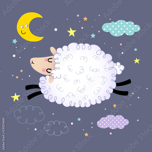 Vector illustration of cute sheep jumping in the night sky.