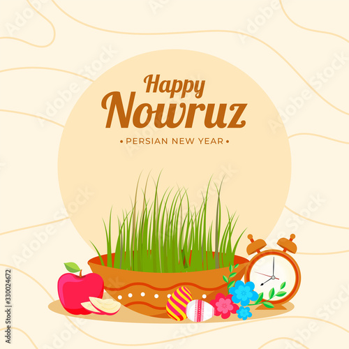 Happy Nowruz, Persian New Year Celebration Poster Design with Semeni (Grass) Bowl, Eggs, Apple, Flowers and Alarm Clock on Abstract Background. photo