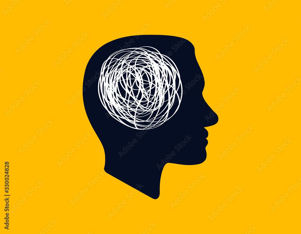 concept icon showing silhouette of human head with tangled line inside ...