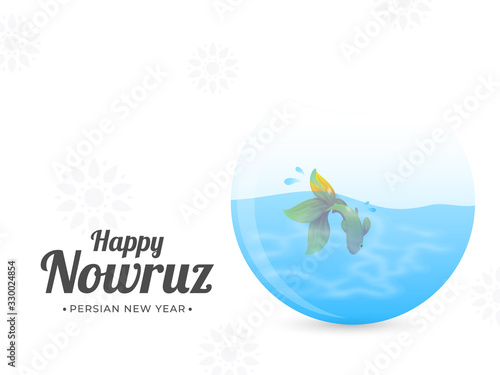 Happy Nowruz, Persian New Year Text with Goldfish Bowl on White Mandala Pattern Background.