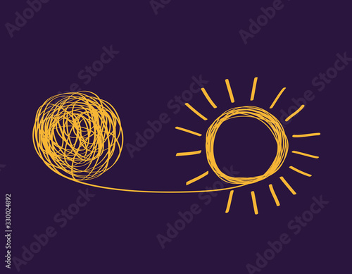 concept icon showing untangling tangled line into sunny creative idea. metaphor for mentor or coach in troubled business. concept of dealing with chaotic thought processes, confusion