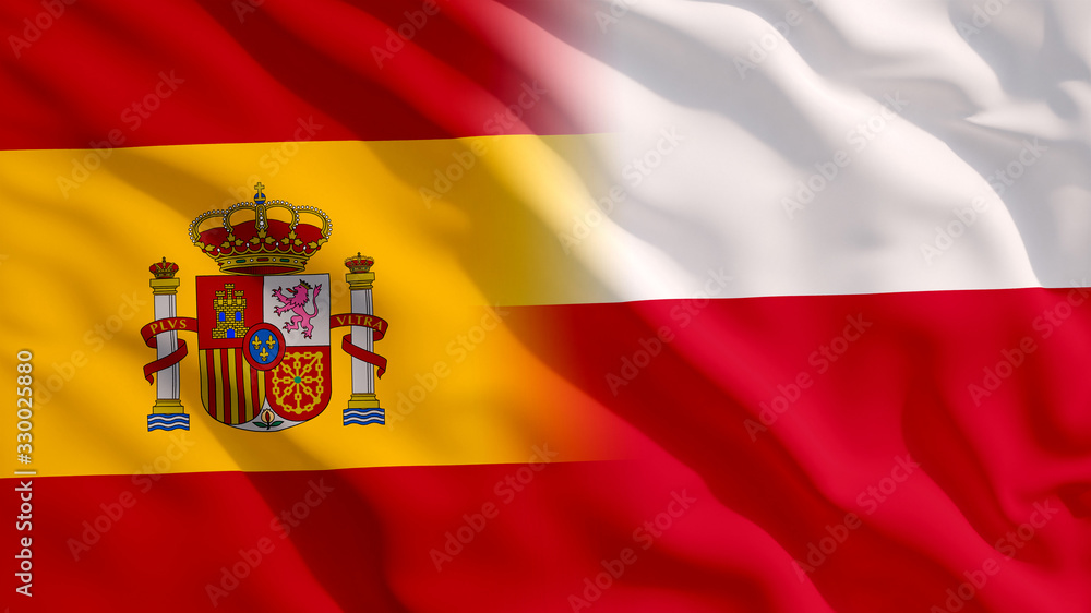 Obraz premium Waving Spain and Poland Flags
