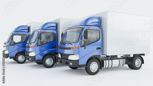 Three Lined Up Box Trucks with Blue Cabins 3D Rendering