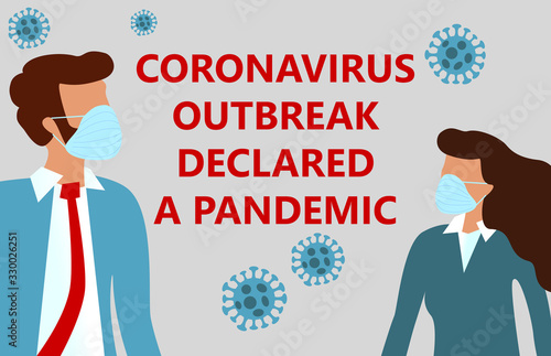 Coronavirus outbreak declared pandemic. Novel corona virus disease COVID-19 (2019-nCoV), woman and man in suit with blue medical face mask