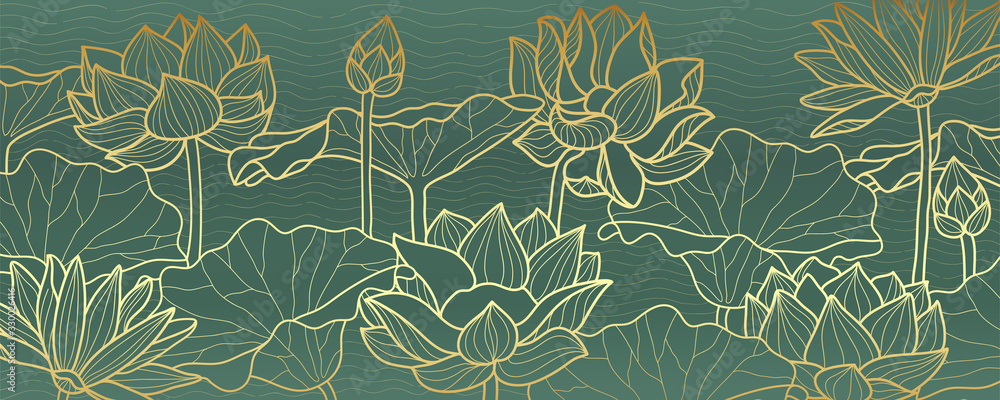 Fototapeta lotus line arts luxury wallpaper design for fabric, prints and background texture, Vector illustration.