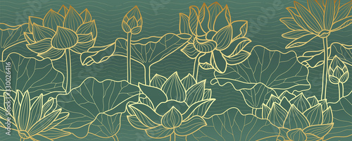 Fototapeta lotus line arts luxury wallpaper design for fabric, prints and background texture, Vector illustration.