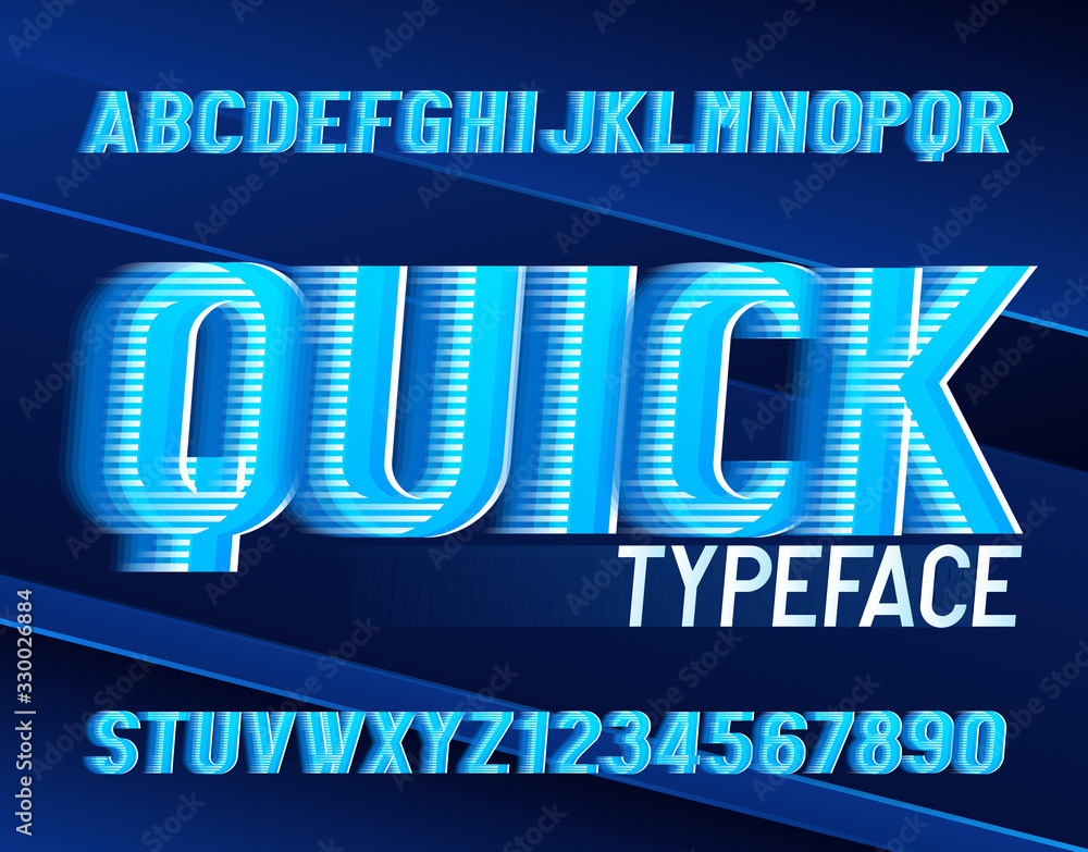 Quick alphabet font. High speed effect letters and numbers in retro style. Stock vector typeface for your design in sport style. - obrazy, fototapety, plakaty 
