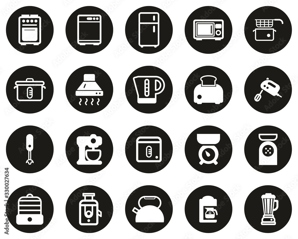 Kitchen Appliances Icons White On Black Flat Design Circle Set Big