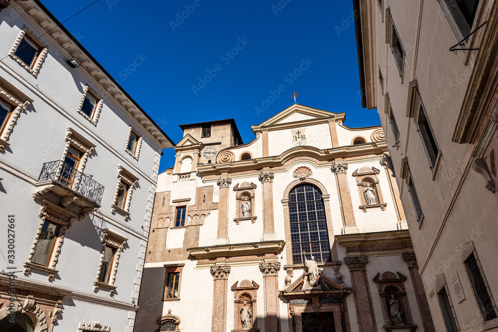 Trento city, the facade of the Church of San Francesco Saverio in Baroque style (1711), Trentino-Alto Adige, Italy, Europe