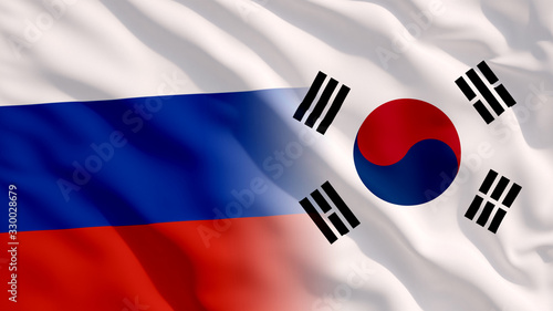 Waving South Korea and Russia Flags