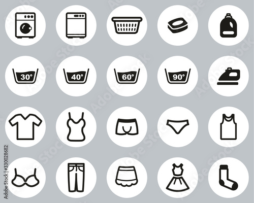Laundry Or Washing Clothes Icons Black & White Flat Design Circle Set Big