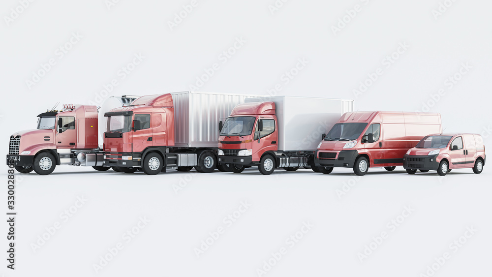 Light and Heavy Goods Vehicles in Red Color on White Background 3D Rendering