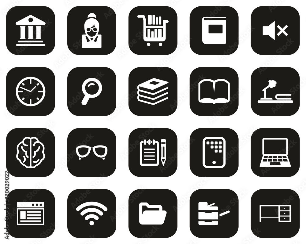 Library Or Study Icons White On Black Flat Design Set Big Library Or Study Icons White On Black Flat Design Set Big