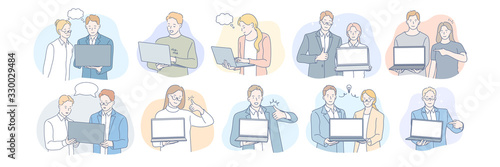 Businesspeople with laptops set concept. Team of business men and businesswomen clerks with laptops in office. Advertising promotion. Office teamwork, coworking meeting presentation approval. Vector