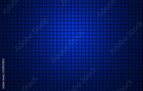 Texture and pattern of blue squares on a black background with center lighting.