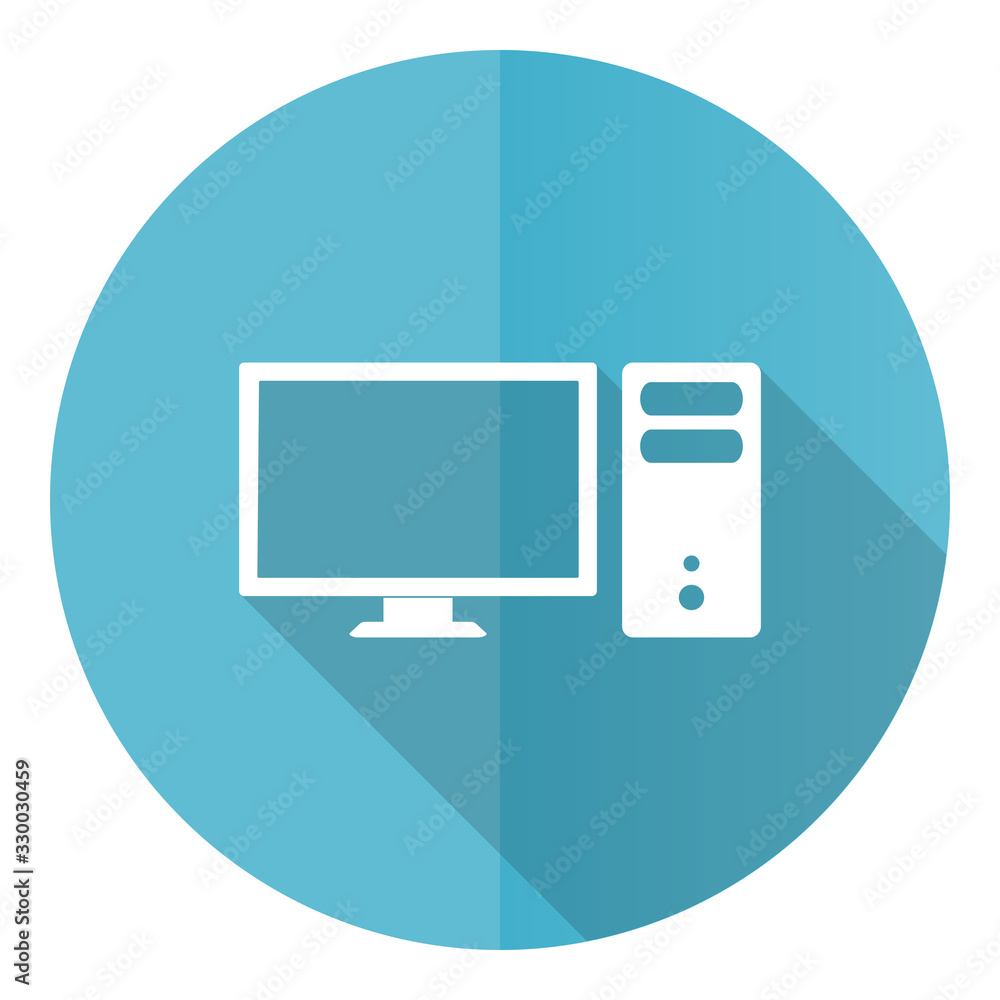 Computer blue round flat design vector icon isolated on white background, monitor, screen, pc illustration in eps 10
