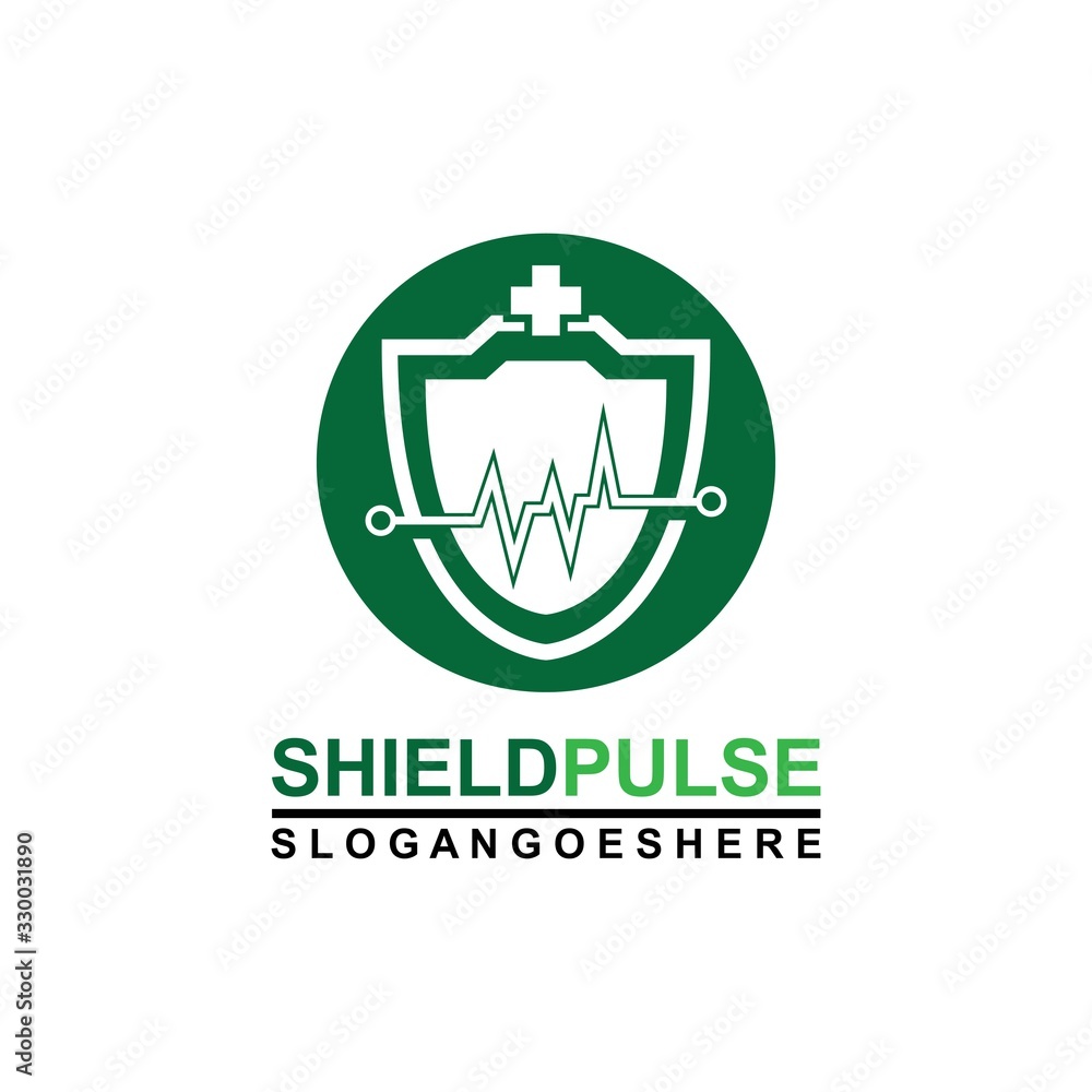 Shield, Pulse are green and cross Logo Template Design Vector for Business Medical, Emblem, Design concept, Creative Symbol, Icon Shield, Pulse are green and cross Logo Template Design Vector for Business Medical, Emblem, Design concept, Creative Symbol, Icon