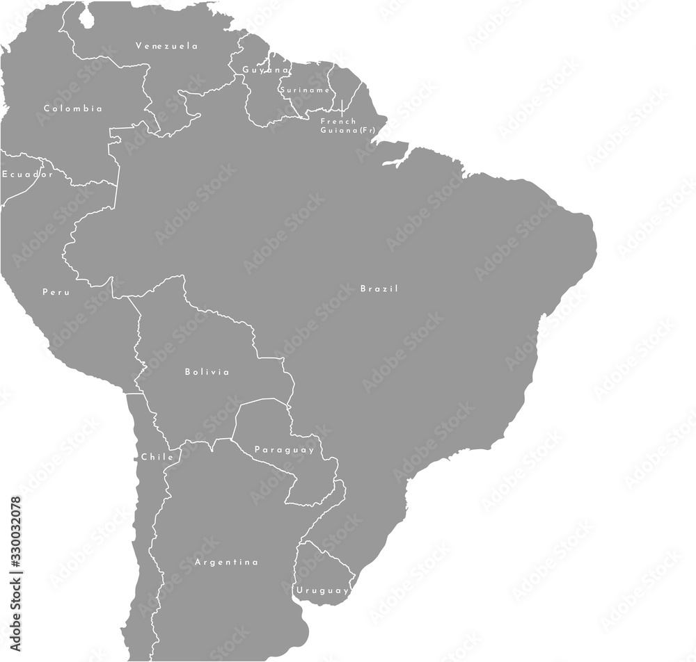 Vector modern isolated illustration. Simplified political map of Brazil and nearest states (Peru, Colombia, Venezuela, Bolivia and others). White background of oceans.