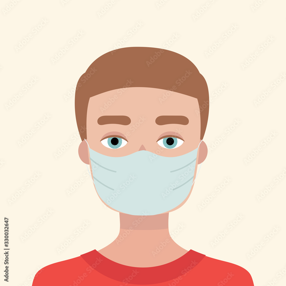 Young man in medical mask. Concept of protection against viruses, flu, coronavirus. Prevention of an epidemic. Flat vector illustration. Young man in medical mask. Concept of protection against viruses, flu, coronavirus. Prevention of an epidemic. Flat vector illustration.