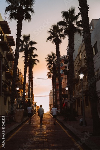Three guys walking into sunset on road with palms. Malta. Youth, friendship, togetherness concept. Vacation mode