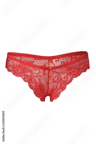 Subject shot of red lace Brazilian panties with flower tracery and a little silk bow. The sexy panties are isolated on the white background.