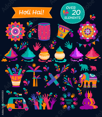 Set of Holi flat icons in indian style. Vector illustration on dark blue.