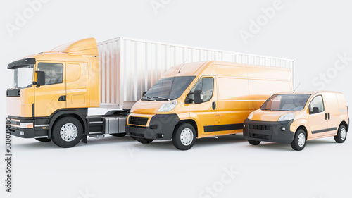 Semi Container Truck Lined Up with Yellow Delivery Vans on White Background 3D Rendering