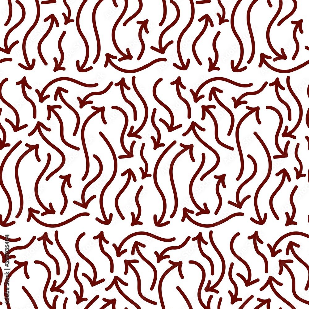 A seamless pattern of red arrows with hands drawn, on a white background, of different lengths and rounded, vector. A seamless pattern of red arrows with hands drawn, on a white background, of different lengths and rounded, vector.