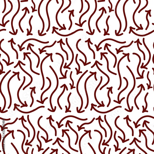 A seamless pattern of red arrows with hands drawn, on a white background, of different lengths and rounded, vector.