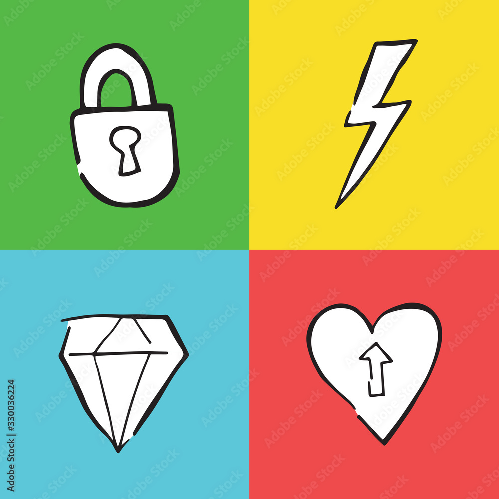 Hand drawn doodle icon objects. Locked padlock, electric, diamond and heart arrow up. Hand drawn doodle icon objects. Locked padlock, electric, diamond and heart arrow up.
