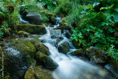 Scenic creek in the green Carpathian mountains  long exposure