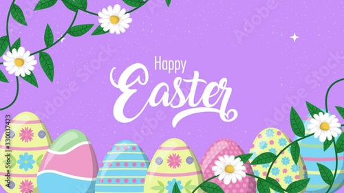 happy easter animated card with eggs painted and flowers