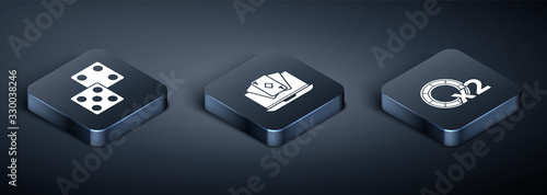 Set Isometric Game dice, Casino chips and Online poker table game icon. Vector