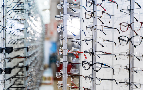 Various spectacles on display in optical store