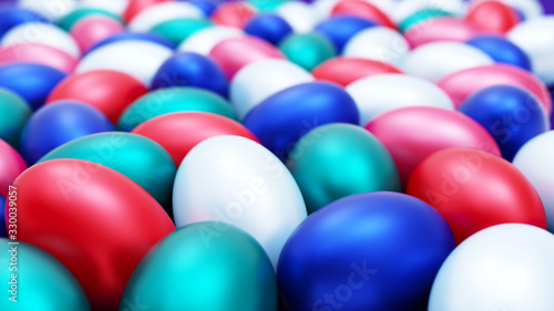 Easter eggs beautiful pearl turquoise, coral, white, blue color. Blur effect. Festive background for greeting cards, desktop, web sites. 3D illustration.