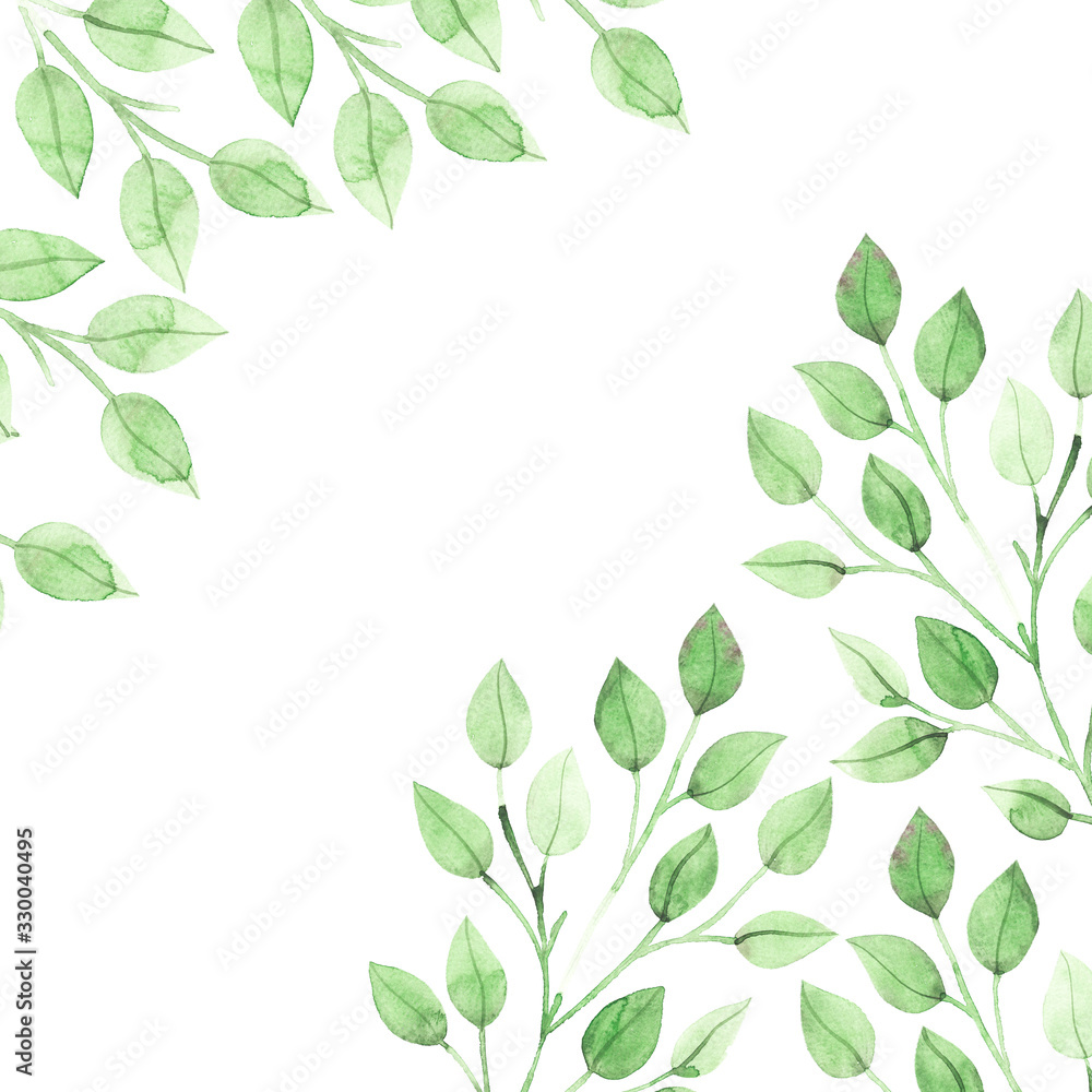 Watercolor summer branches with leaves. Greenery