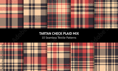 Seamless plaid patterns collection. Tartan check plaids in dark brown, bright coral, and beige for autumn and winter flannel shirt, skirt, blanket, or other fabric designs.