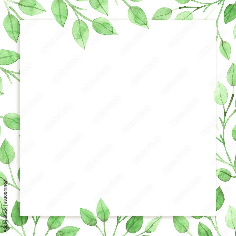 Round background with green leaves, watercolor illustration