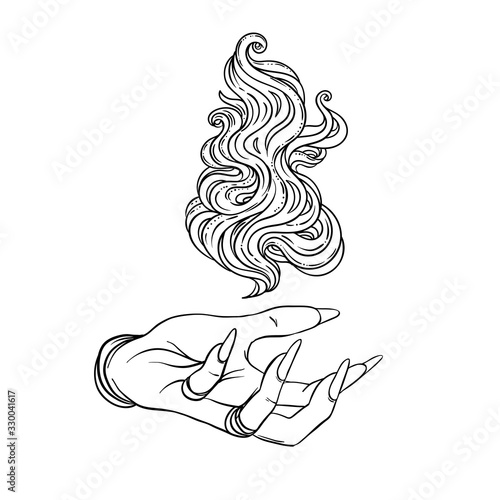 Hand of witch with fire. Mystic character. Alchemy, religion, spirituality, occultism, tattoo art. Isolated vector illustration. Halloween concept, coloring book for adults.