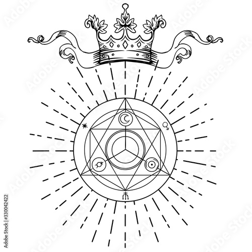 Alchemy symbol with royal crown. Sacred geometry, vintage design. Tattoo flesh design, yoga logo. Boho print, poster, t-shirt textile. Anti stress colouring book. Isolated vector illustration.