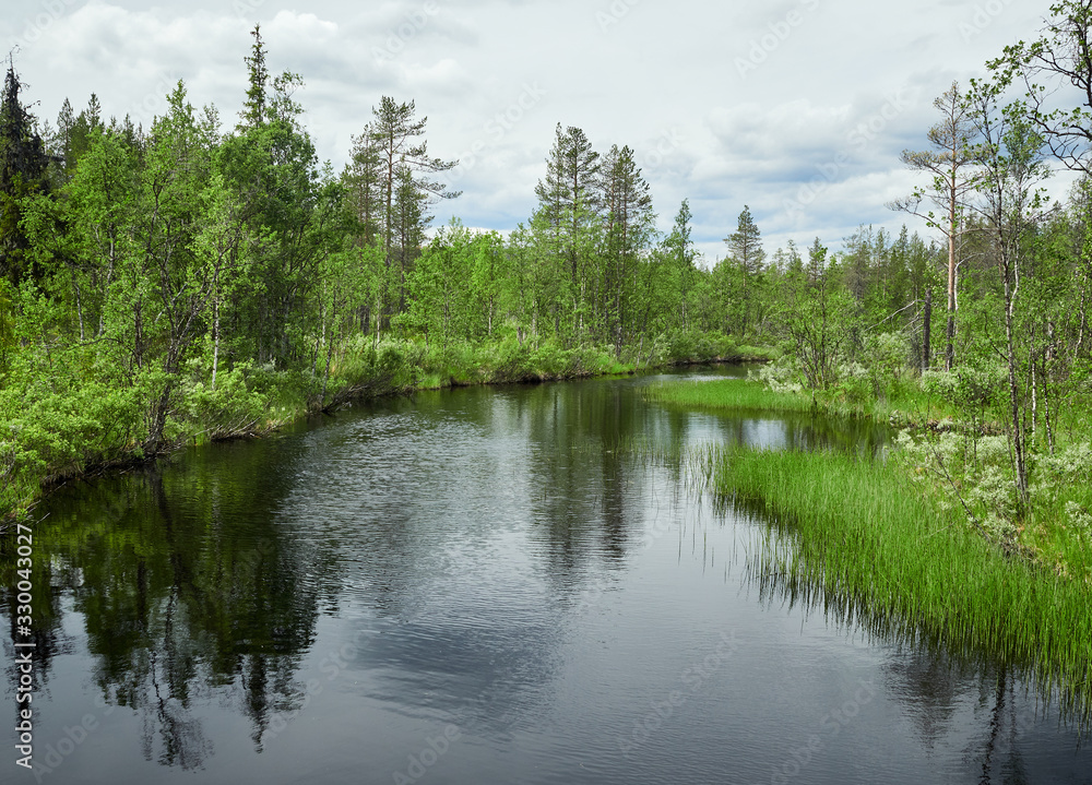 Idyllic summer landscape with clear water of a river in Ylläs, Finland.