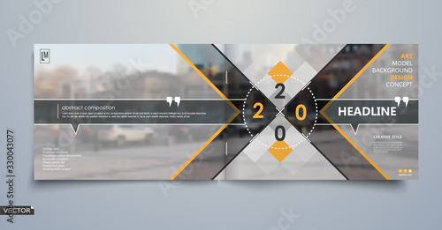 Abstract binder layout. White a4 brochure cover design. Fancy info text frame. Creative ad flyer font. Title sheet model set. Modern vector front page. Elegant city banner. Yellow figures icon fiber